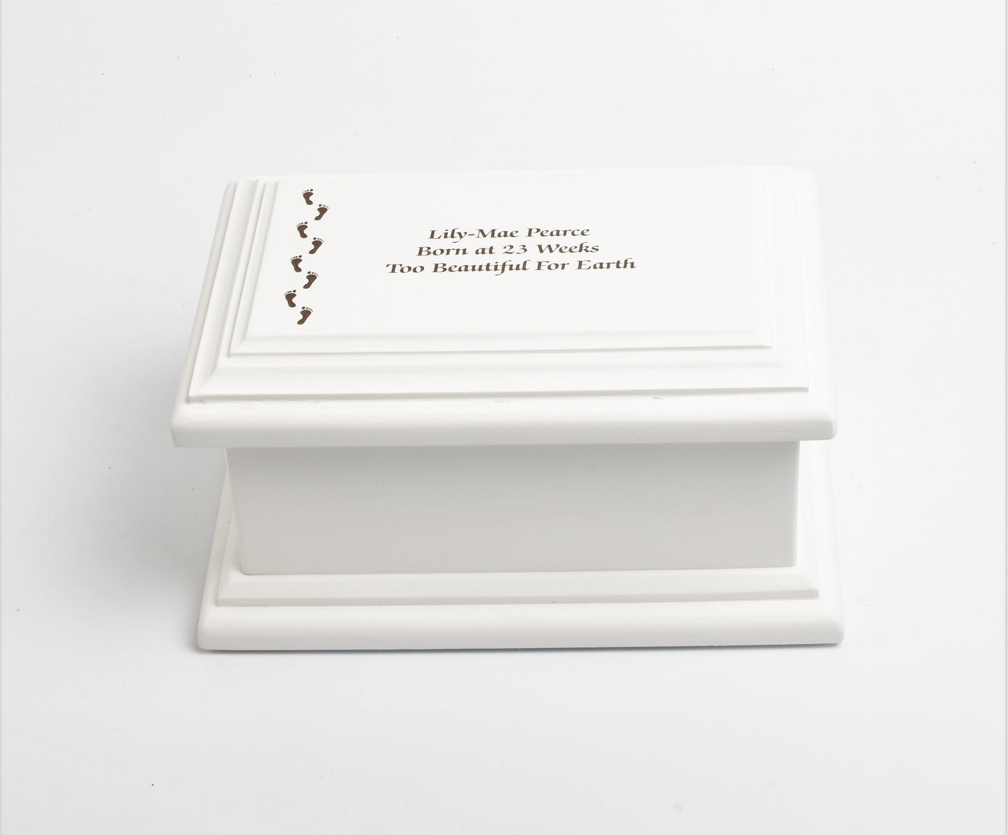 White MDF Wood Cremation Ashes Casket Footprints Urn 2 Sizes: Small & Medium