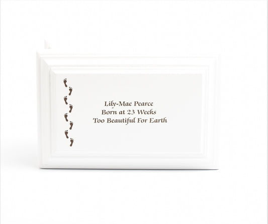 White MDF Wood Cremation Ashes Casket Footprints Urn 2 Sizes: Small & Medium