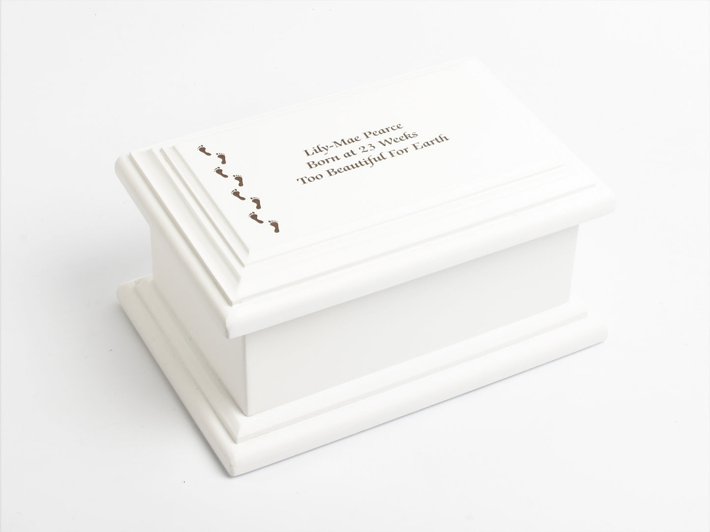 Large MDF Wood White Cremation Casket Footprints Design Urn