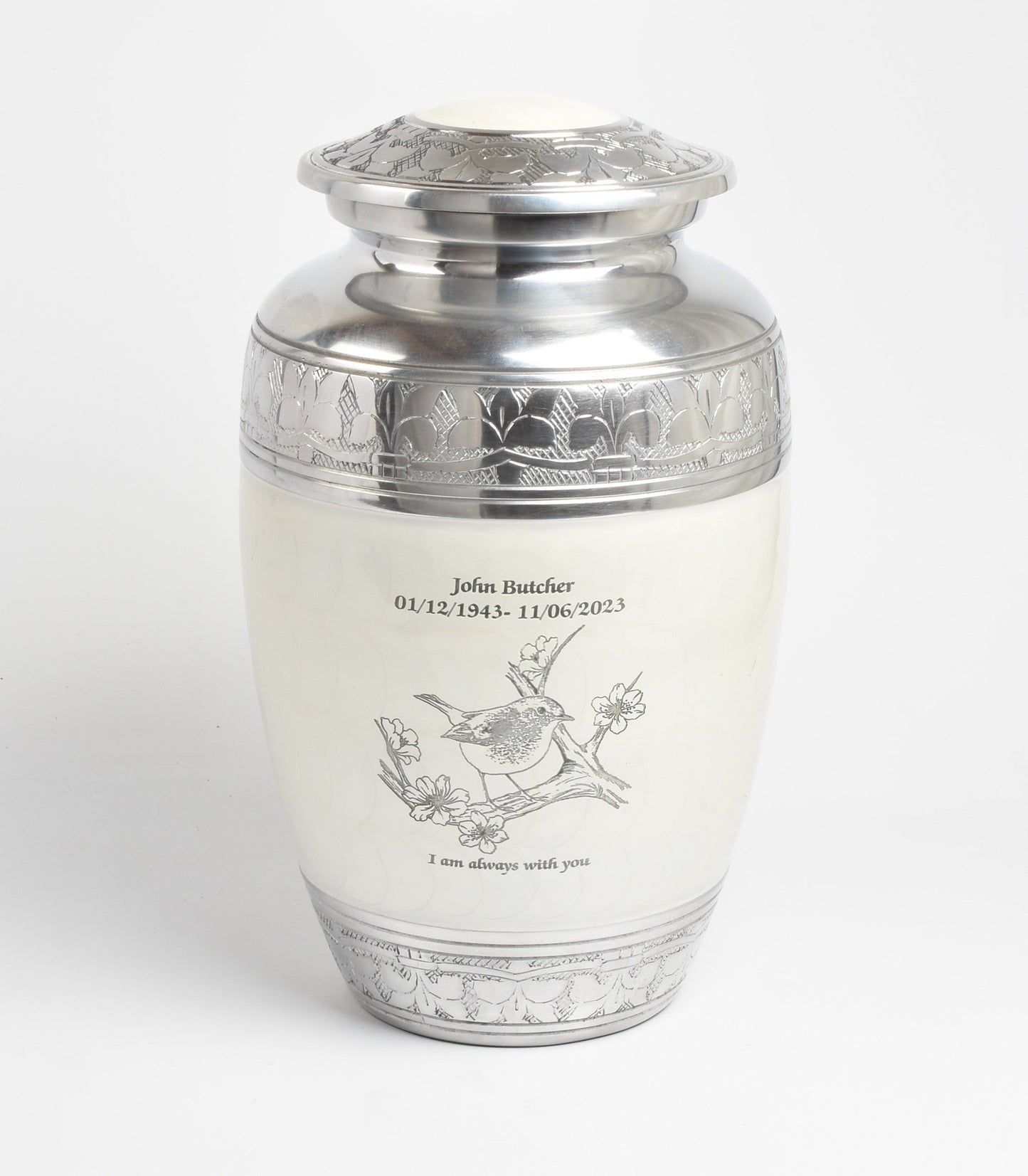 White and Silver Robin Bird Design Urn
