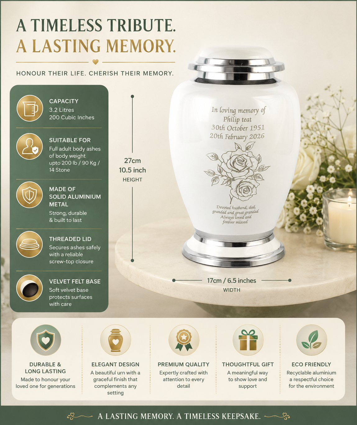 Two Roses Adult Ashes White Urn
