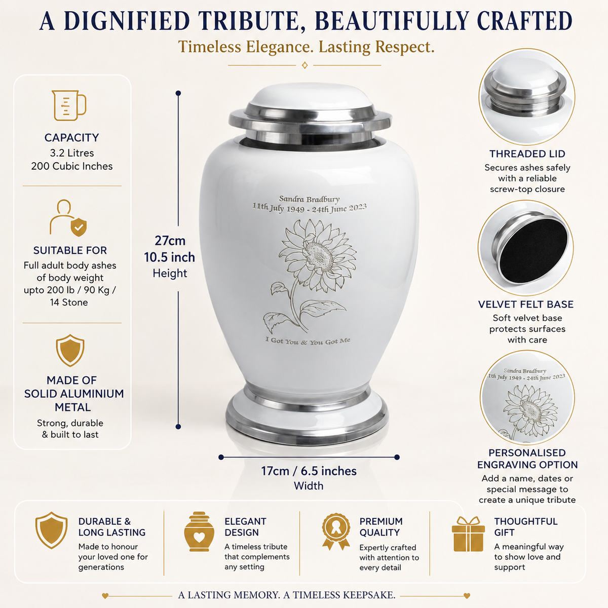 Large Adult Sunflower Design White Dove Urn