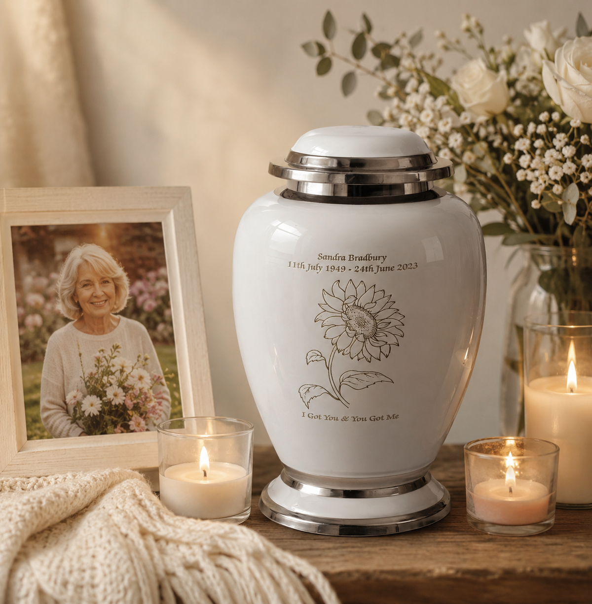 Large Adult Sunflower Design White Dove Urn