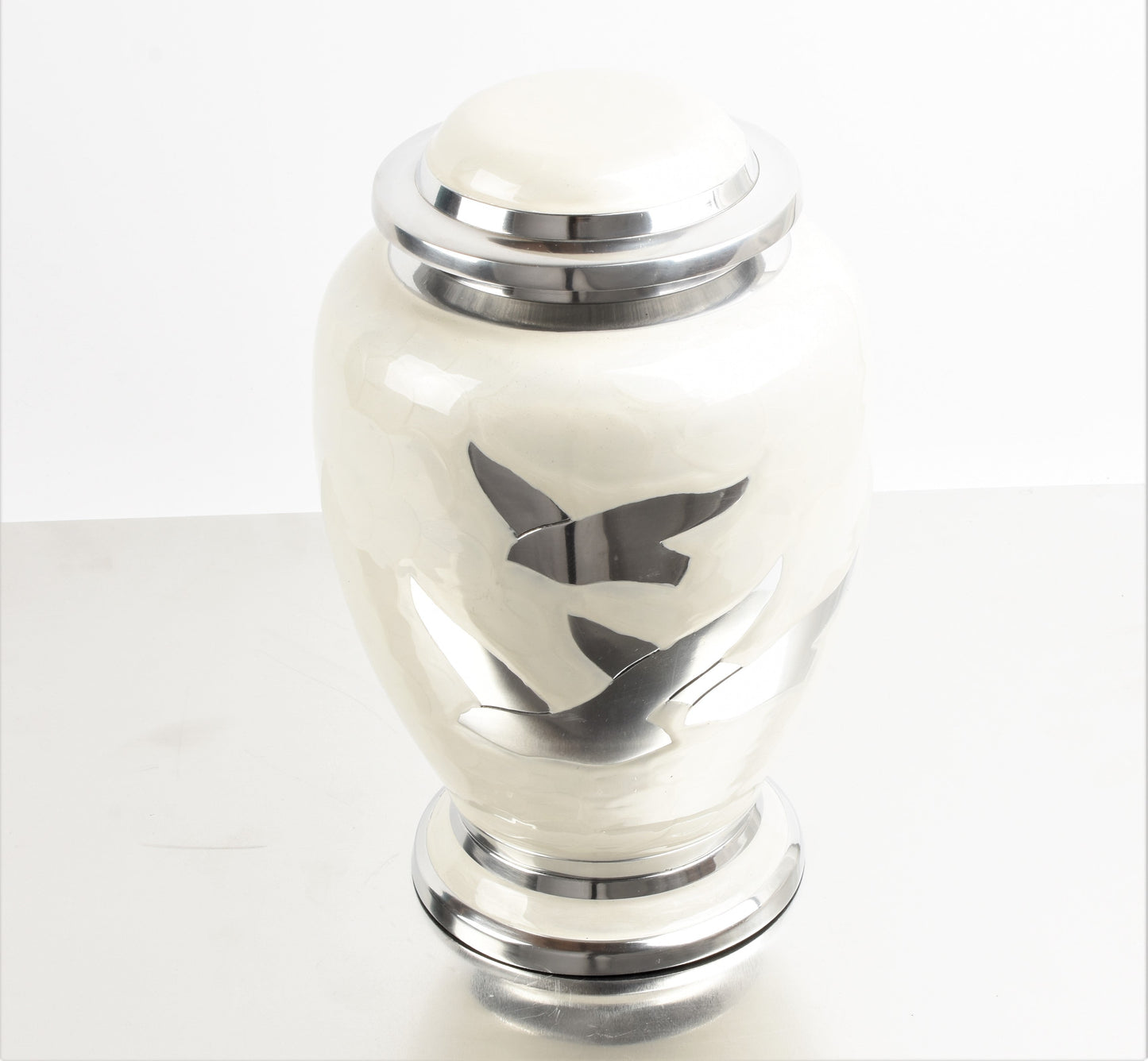 White and Silver Flying Birds Aluminium Urn