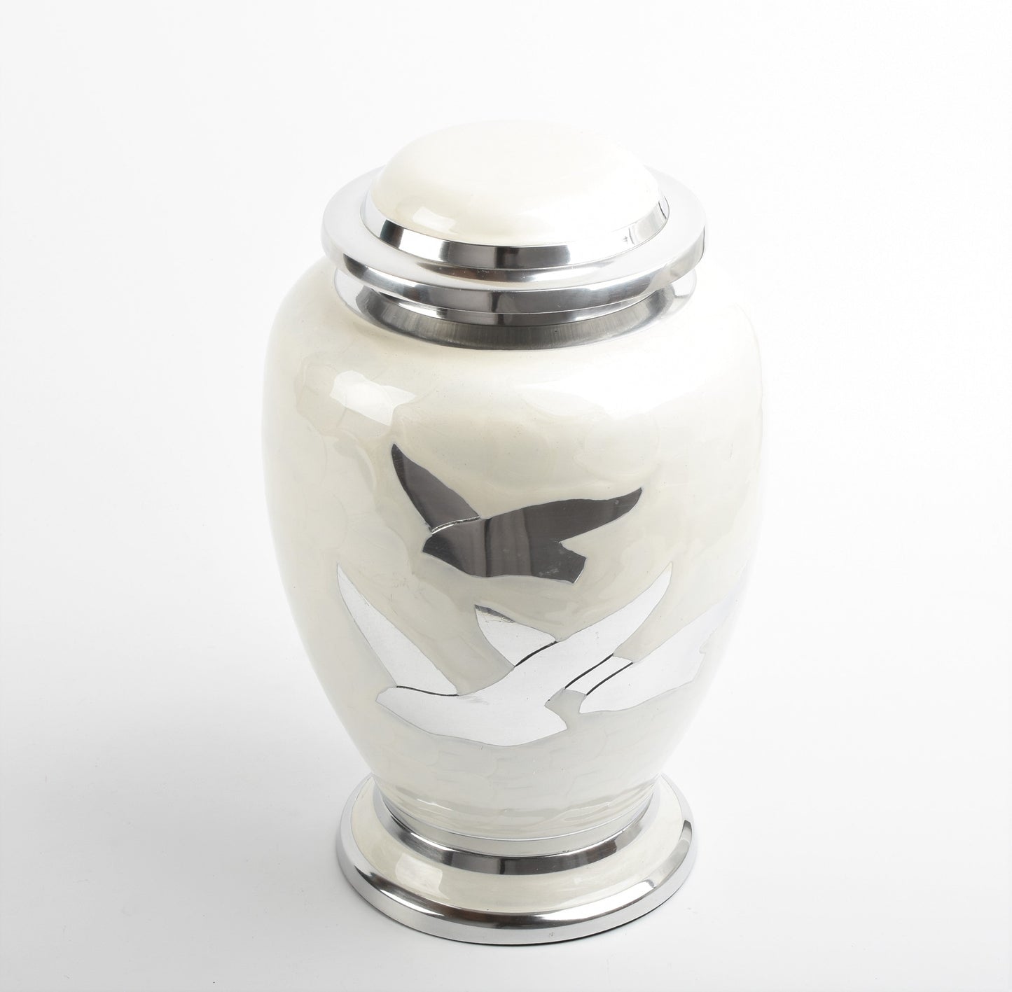 White and Silver Flying Birds Aluminium Urn