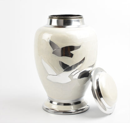 White and Silver Flying Birds Aluminium Urn