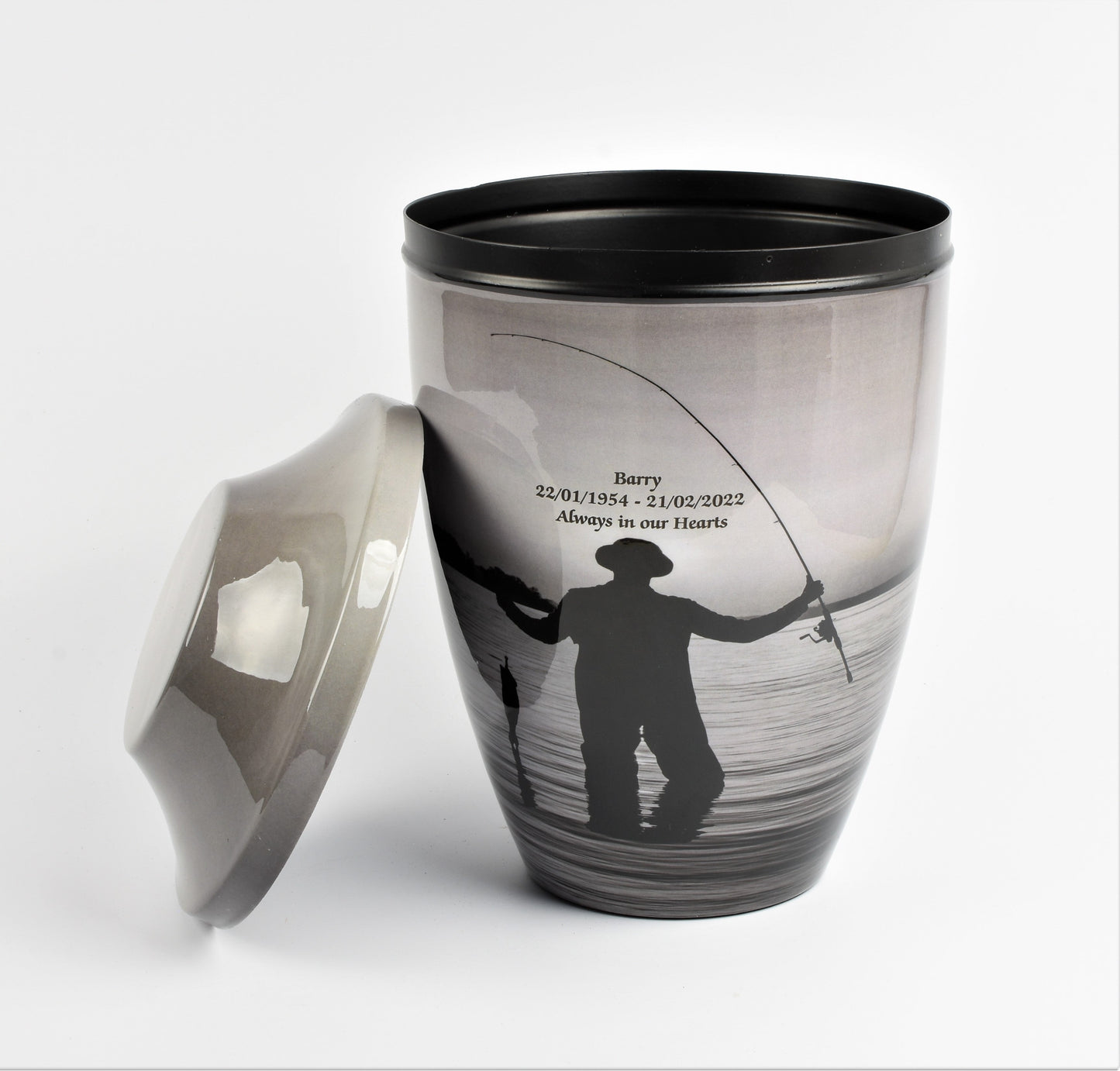 personalised iron urn, customised urn, engraved urn, fully personalised urn, fishing cremation urn, white butterfly cremation urn, blue butterfly cremation urn, red rose urn, fishing ashes urn, white butterfly ashes urn, blue butterfly ashes urn, red rose ashes urn