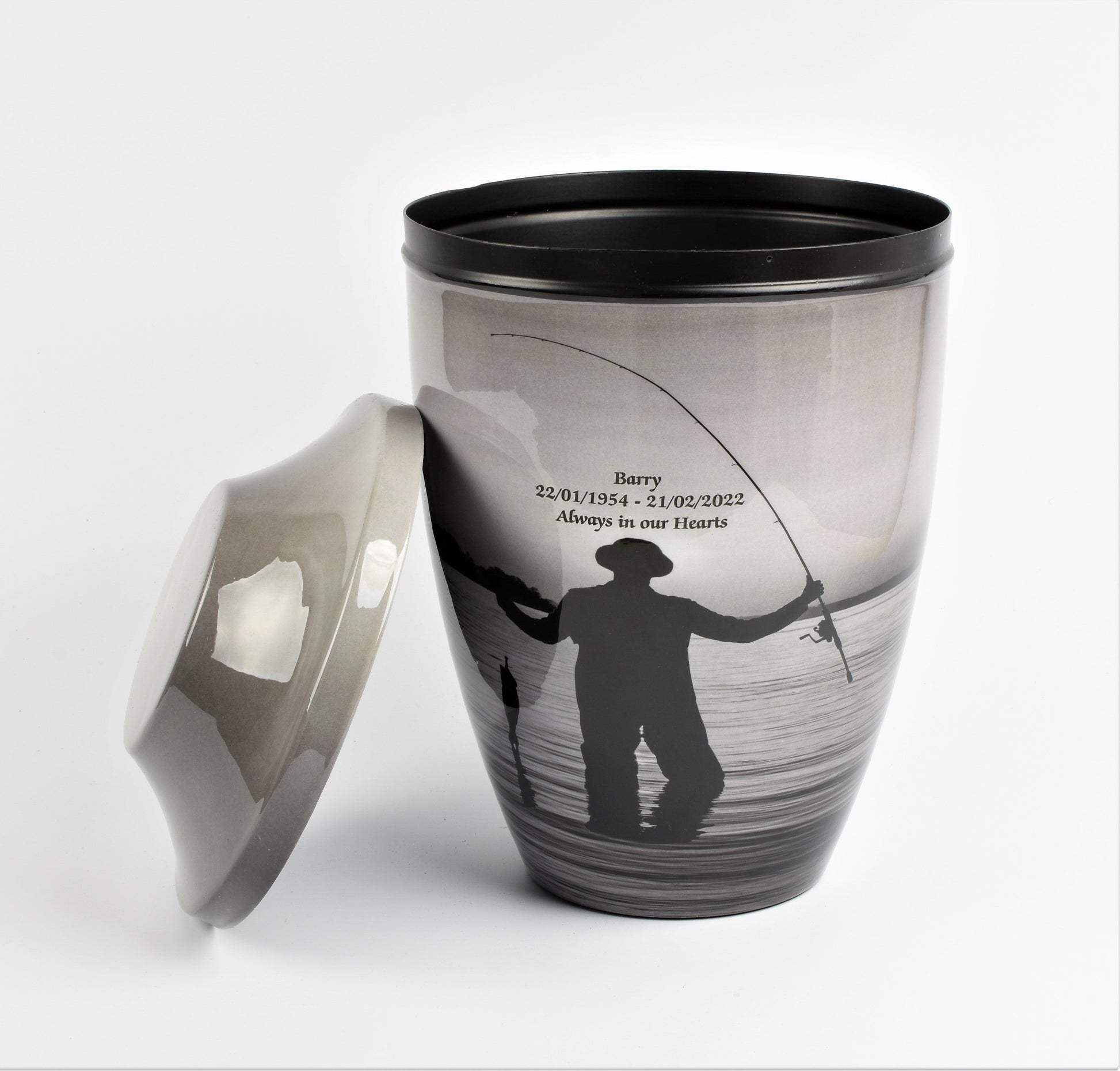 personalised iron urn, customised urn, engraved urn, fully personalised urn, fishing cremation urn, white butterfly cremation urn, blue butterfly cremation urn, red rose urn, fishing ashes urn, white butterfly ashes urn, blue butterfly ashes urn, red rose ashes urn