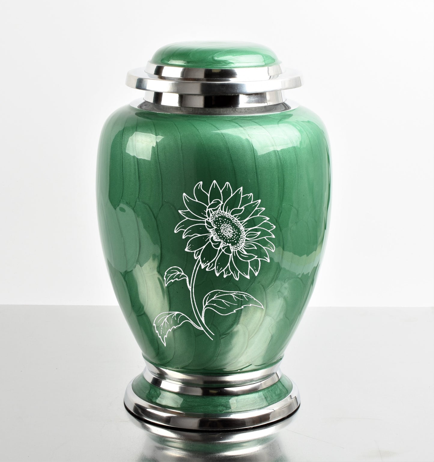 Green With Silver Flower Cremation Urn Fully Personalised
