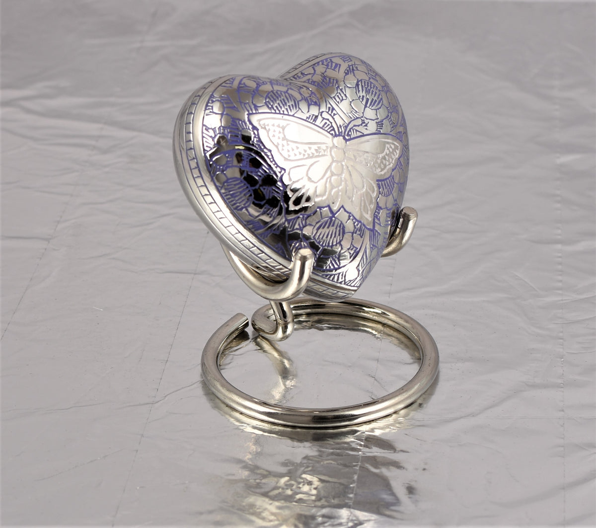 Blue Heart Shape Small Keepsake Urn with Butterfly Design