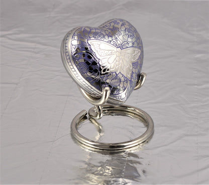 Blue Heart Shape Small Keepsake Urn with Butterfly Design