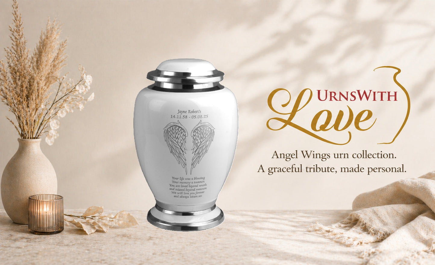 White and Silver Angel Wings Design Urn