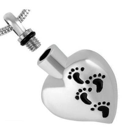 silver heart pendant , footprint heart pendant jewellery, silver heart necklace, locket container for ashes, silver heart ashes container, small cremation urn for human ashes, funeral memorial burial remembrance jewellery URN