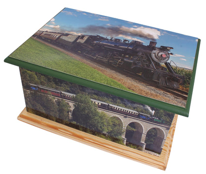 container for ashes, ashes container, large wood casket urn , steam railway casket , adult ashes urn, cremation urn for human ashes, funeral memorial burial remembrance URN