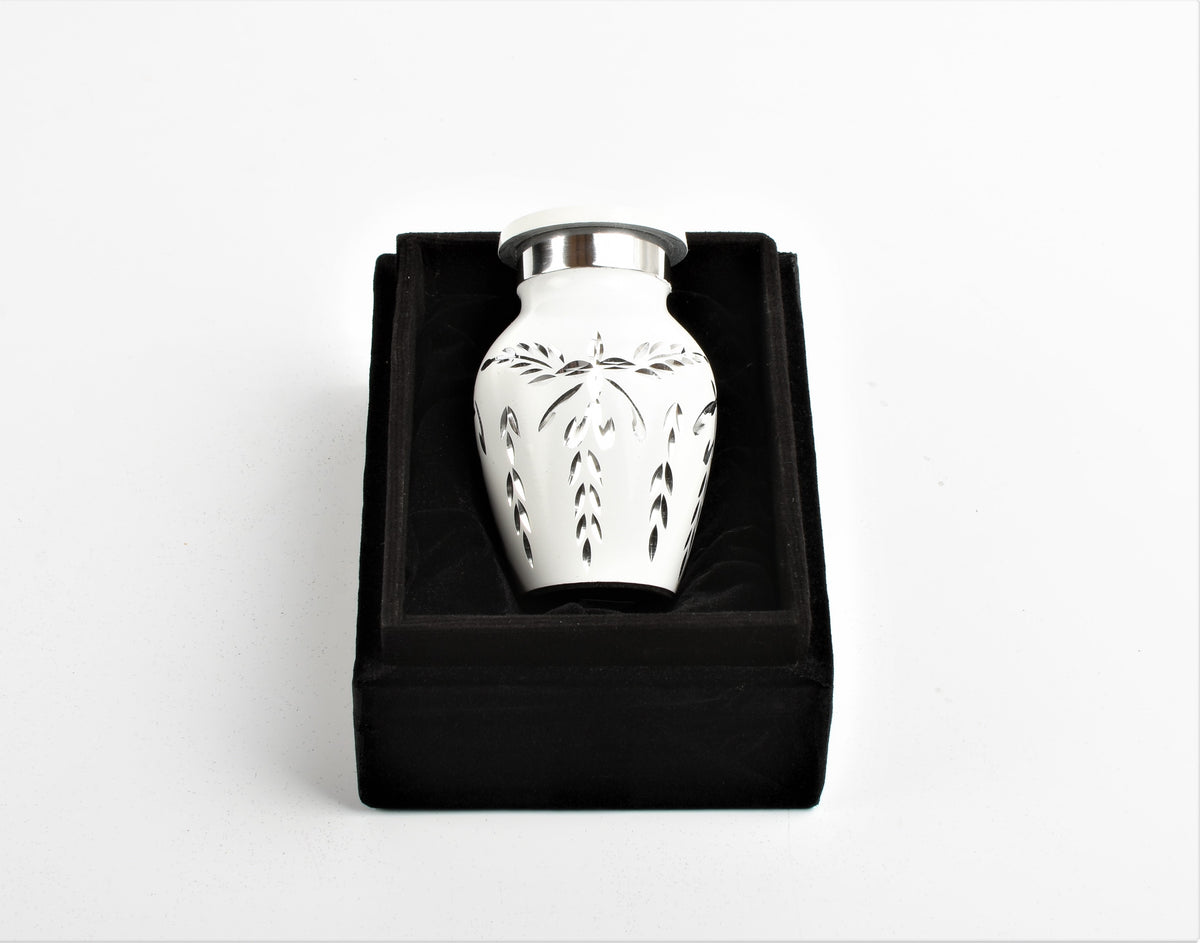 Mini Keepsake Cremation Urn White & Silver Floral Motif