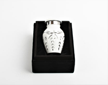 Mini Keepsake Cremation Urn White & Silver Floral Motif