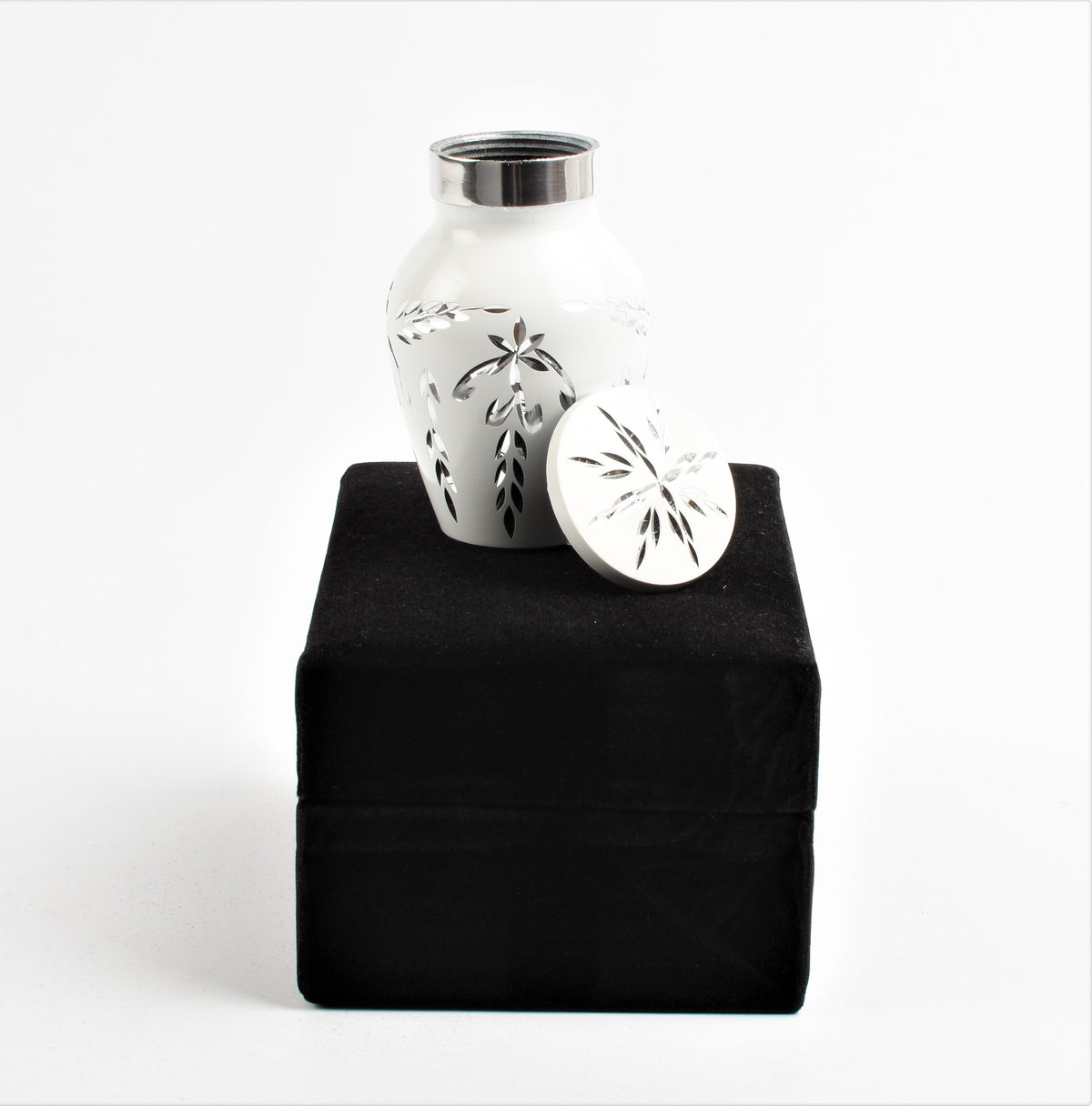 Mini Keepsake Cremation Urn White & Silver Floral Motif