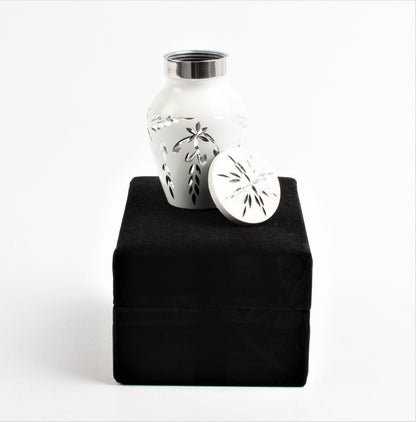 Mini Keepsake Cremation Urn White & Silver Floral Motif