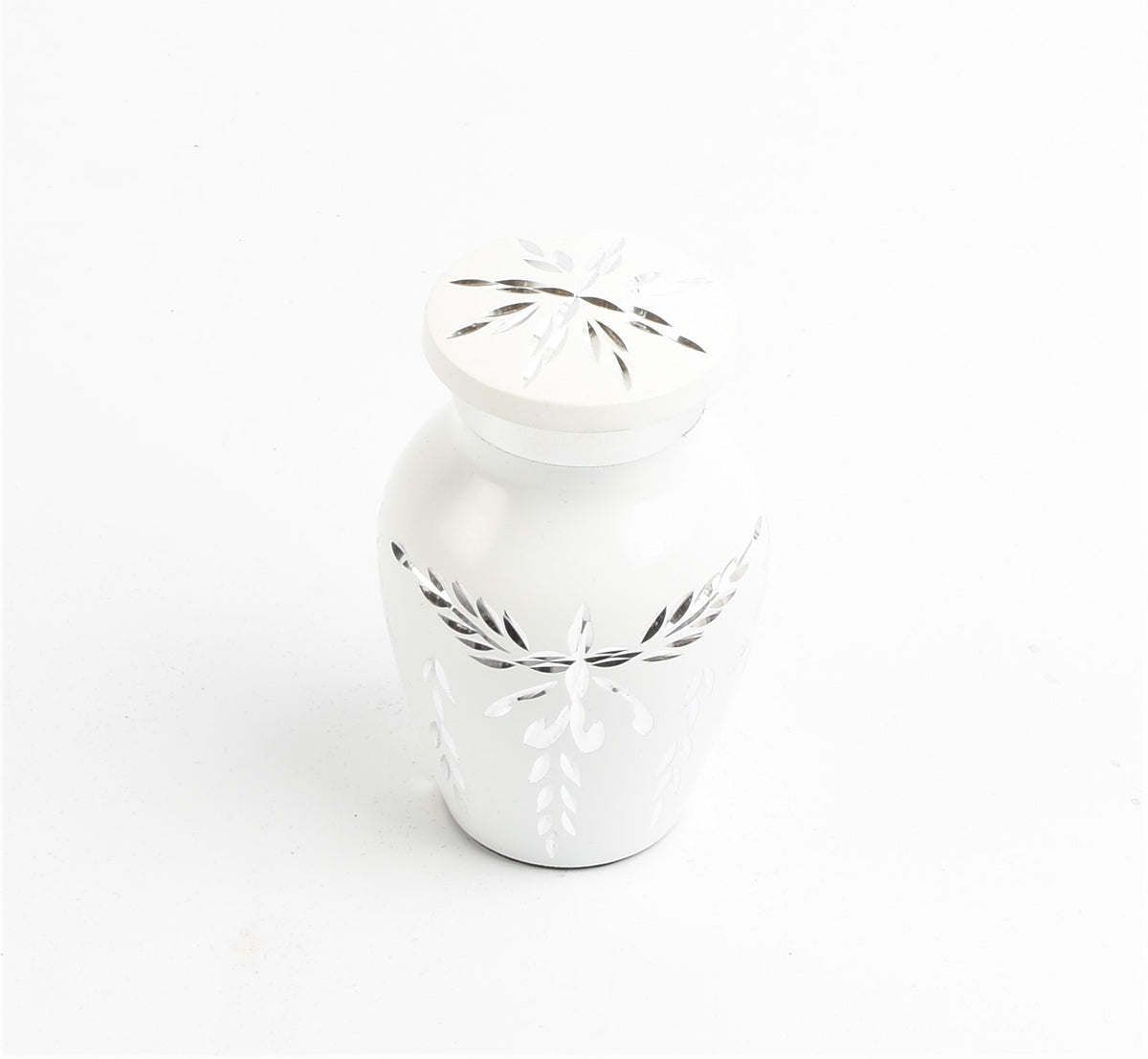 Mini Keepsake Cremation Urn White & Silver Floral Motif