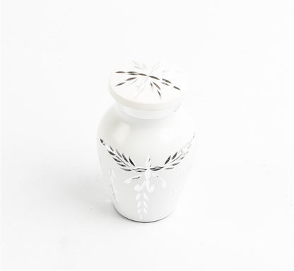 Mini Keepsake Cremation Urn White & Silver Floral Motif