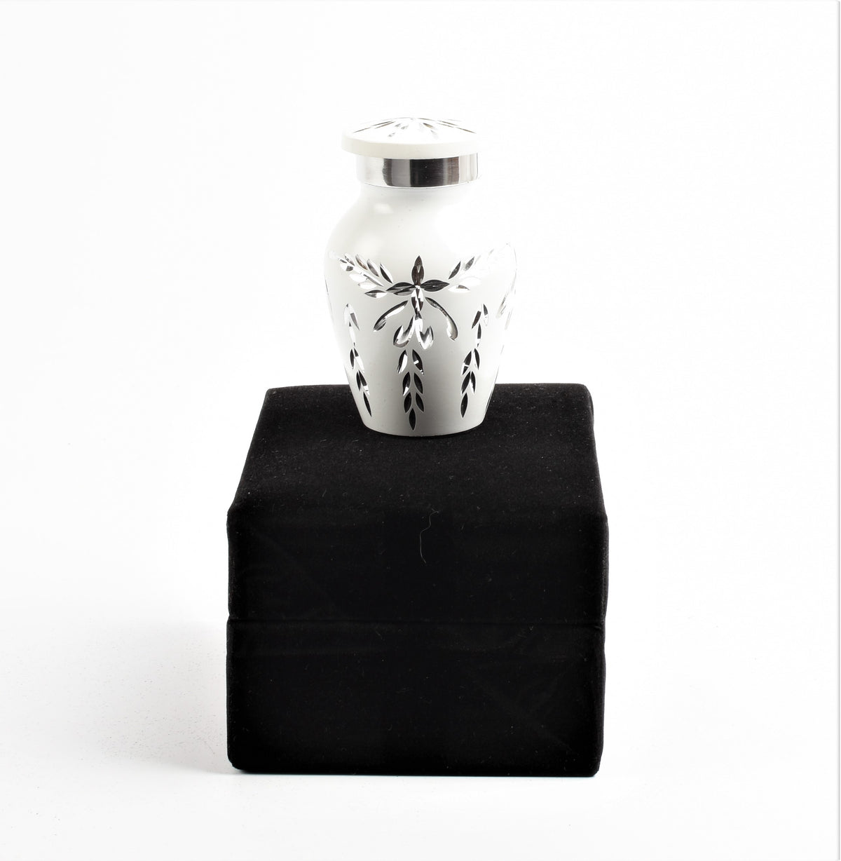Mini Keepsake Cremation Urn White & Silver Floral Motif