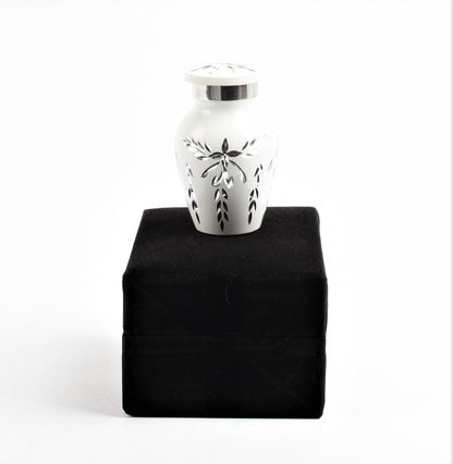 Mini Keepsake Cremation Urn White & Silver Floral Motif