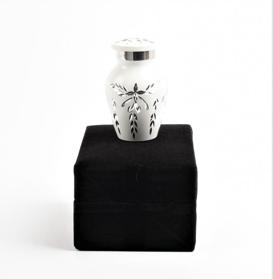 Mini Keepsake Cremation Urn White & Silver Floral Motif