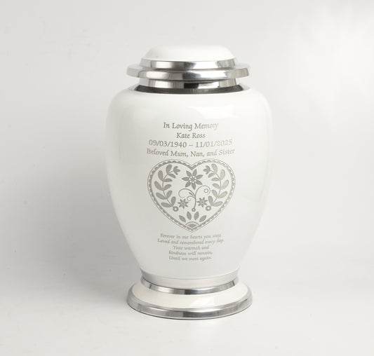 Adult Heart Flower Motif White Urn