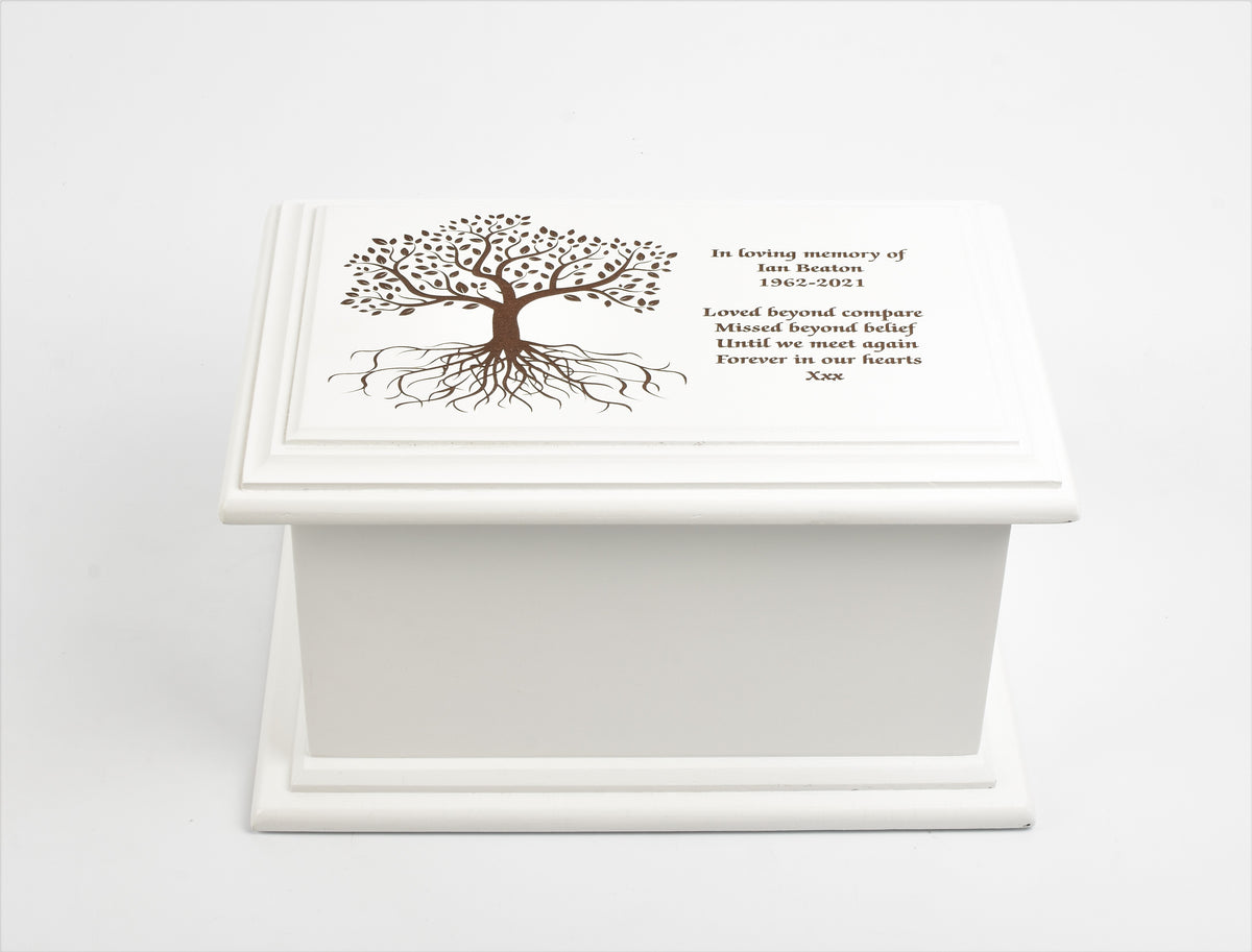 White MDF Wood Cremation Ashes Casket Tree of Life Urn 2 Sizes: Small & Medium