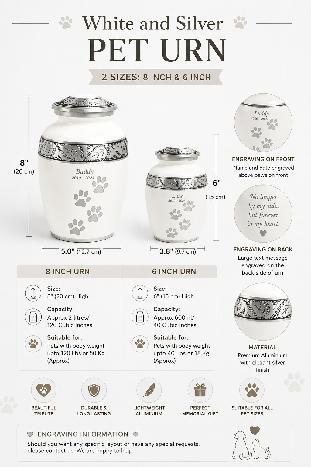 White Paw Print 8" Medium and 6" Small Pet Ashes Urn