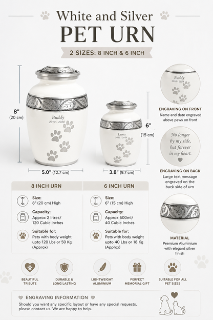 White Paw Print 8" Medium and 6" Small Pet Ashes Urn
