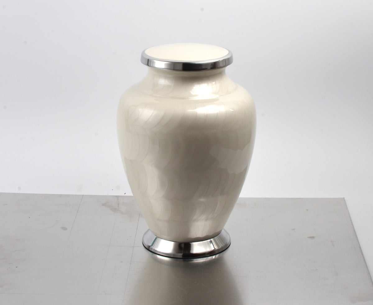 Pearl White with Silver Aria Adult Cremation Urn