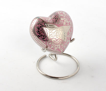 Butterfly on Pink Heart Shape Small Keepsake Urn – Brass Memorial Keepsake