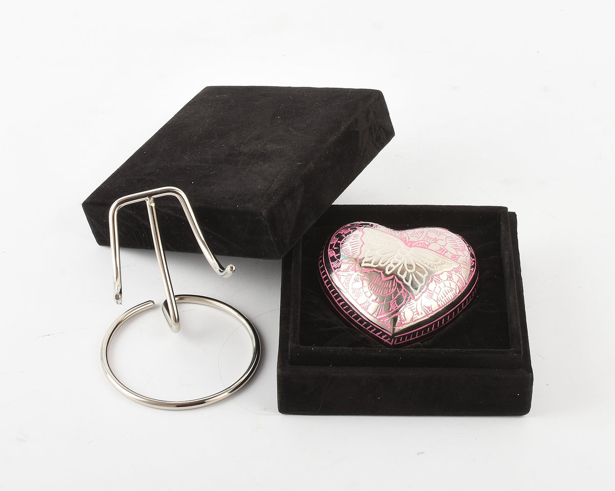 Butterfly on Pink Heart Shape Small Keepsake Urn – Brass Memorial Keepsake