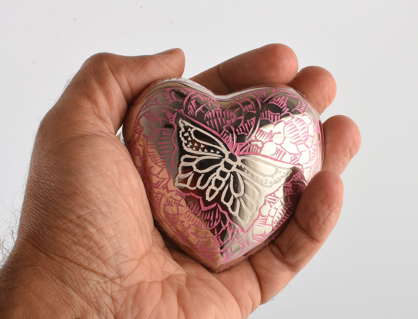 Butterfly on Pink Heart Shape Small Keepsake Urn – Brass Memorial Keepsake