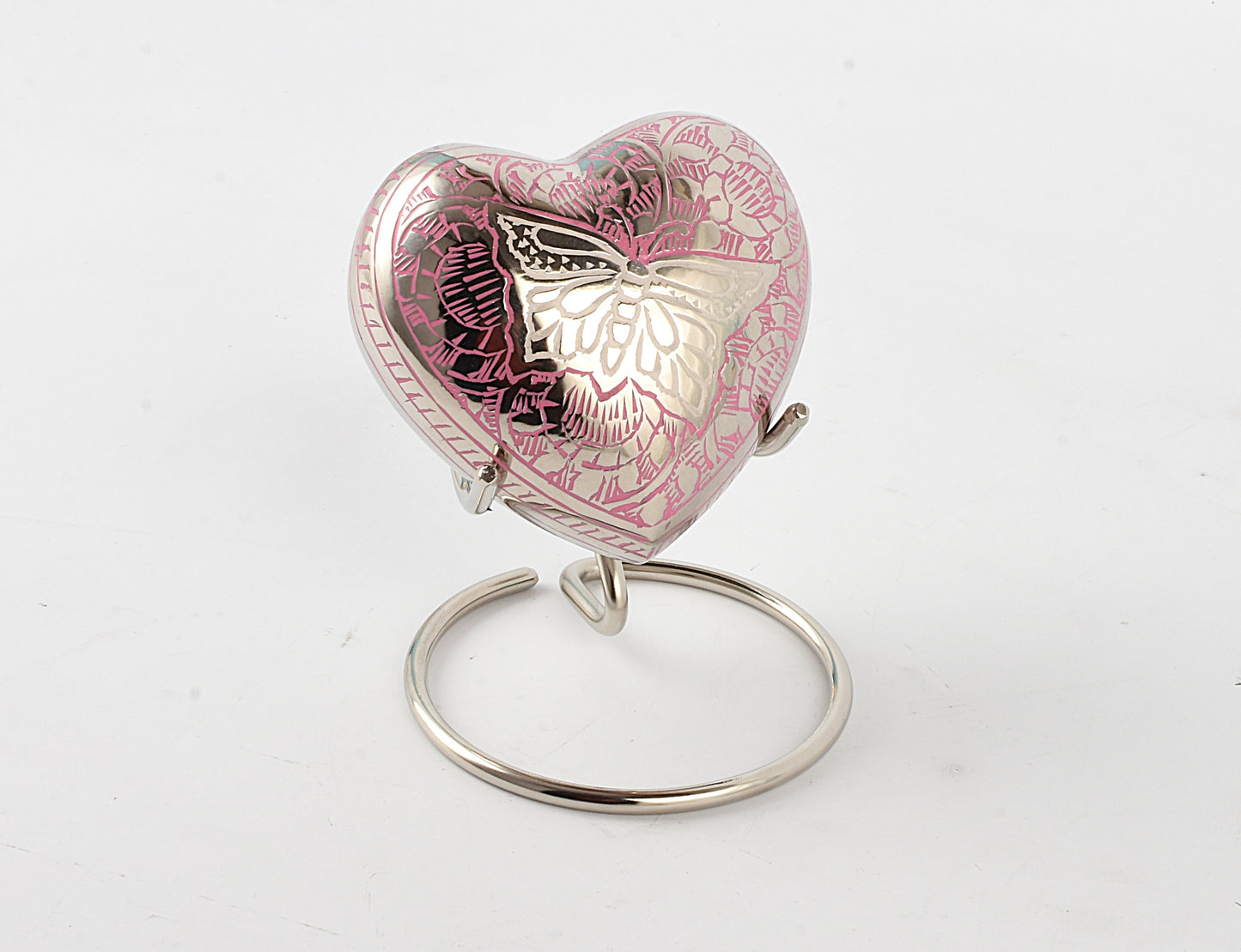 Butterfly on Pink Heart Shape Small Keepsake Urn – Brass Memorial Keepsake