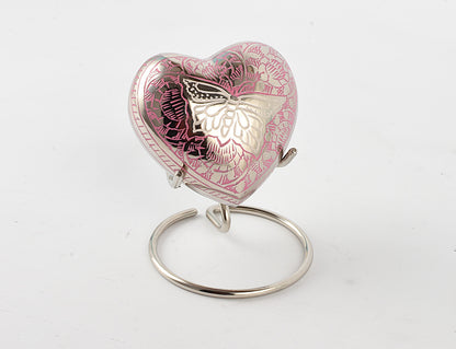 Butterfly on Pink Heart Shape Small Keepsake Urn – Brass Memorial Keepsake