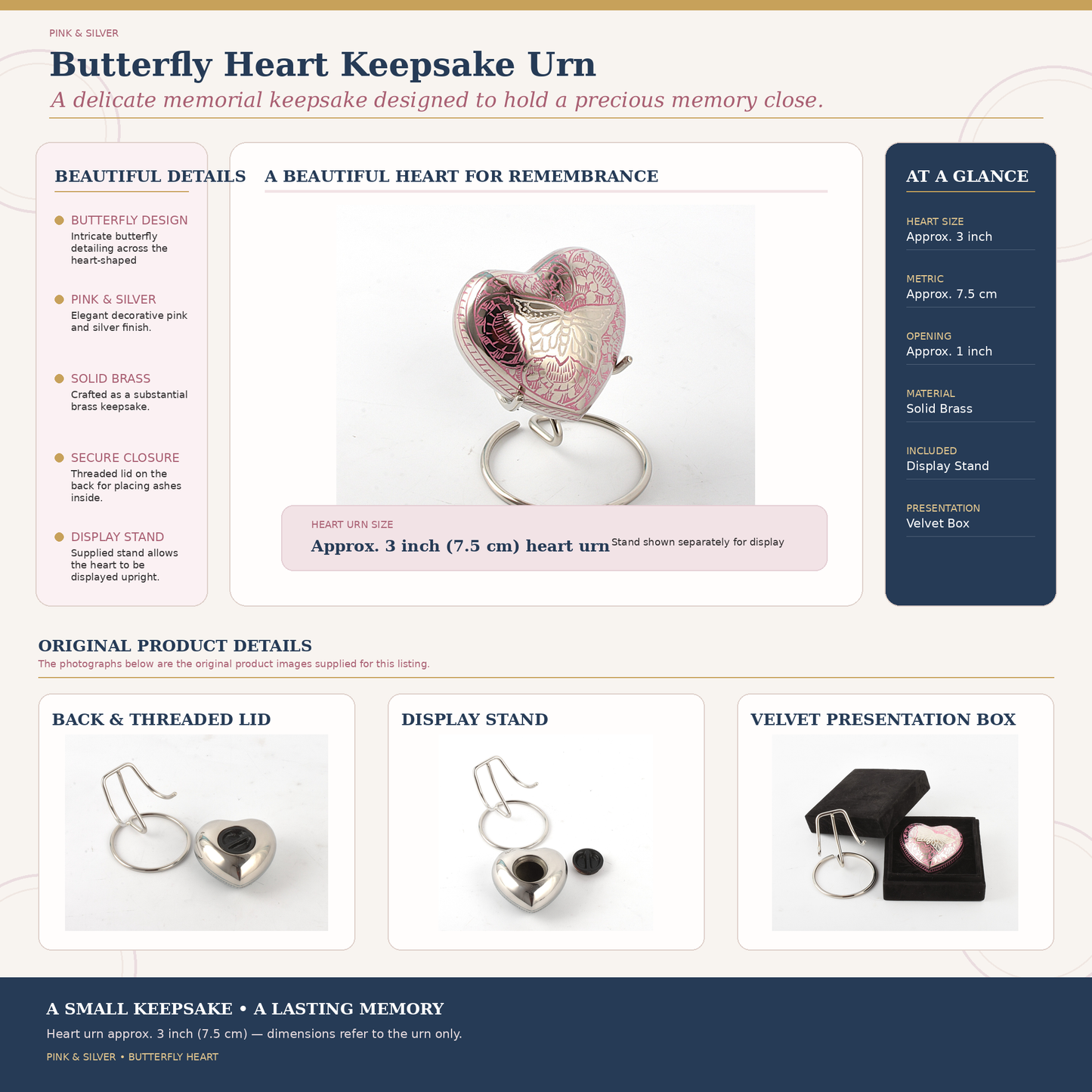 Butterfly on Pink Heart Shape Small Keepsake Urn – Brass Memorial Keepsake