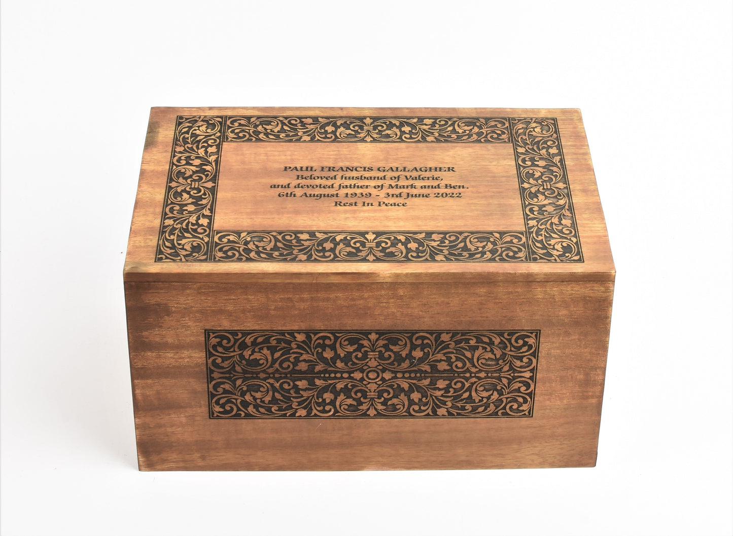 Beautifully Engraved Large Solid Wood Biodegradable Casket - Option To Personalise