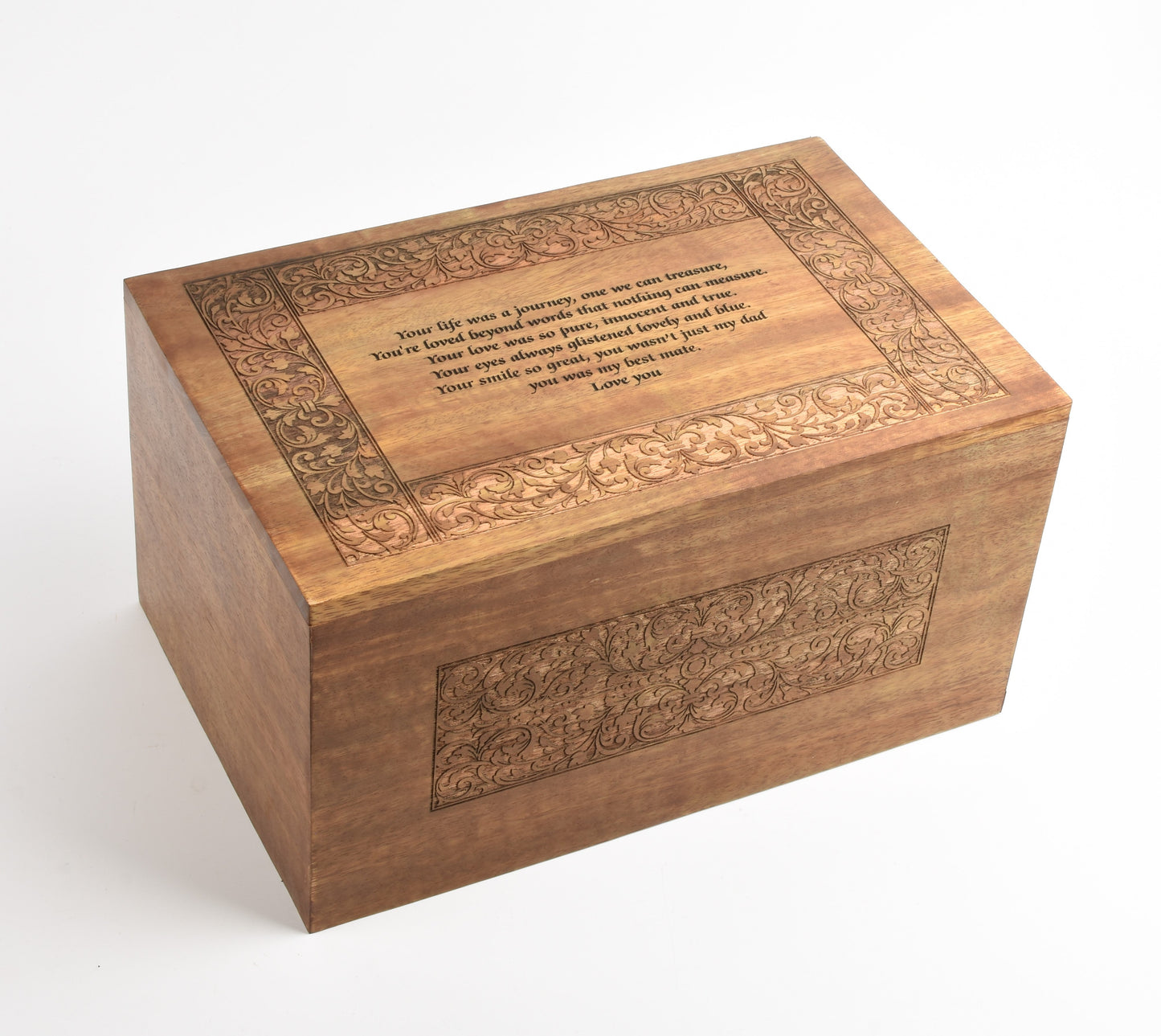 Beautifully Engraved Large Solid Wood Biodegradable Casket - Option To Personalise