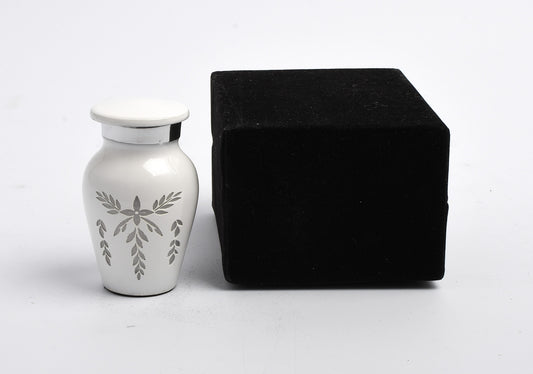 Mini Keepsake Cremation Urn White & Silver Floral Motif