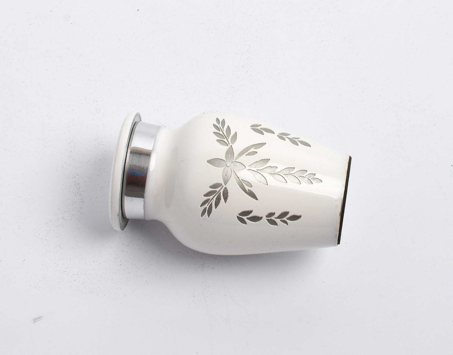 Mini Keepsake Cremation Urn White & Silver Floral Motif