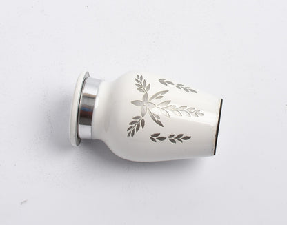 Mini Keepsake Cremation Urn White & Silver Floral Motif