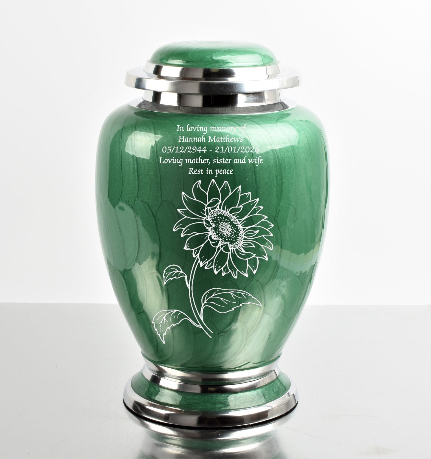 Green With Silver Flower Cremation Urn Fully Personalised