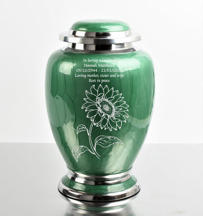 Green With Silver Flower Cremation Urn Fully Personalised