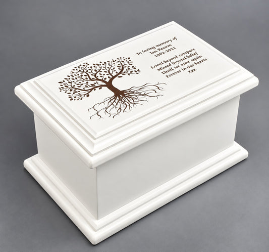 Large MDF Wood White Cremation Casket Tree of Life
