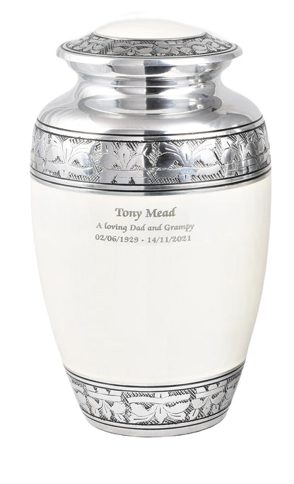 Pearl White Aluminium Cremation Urn With Engraving Options
