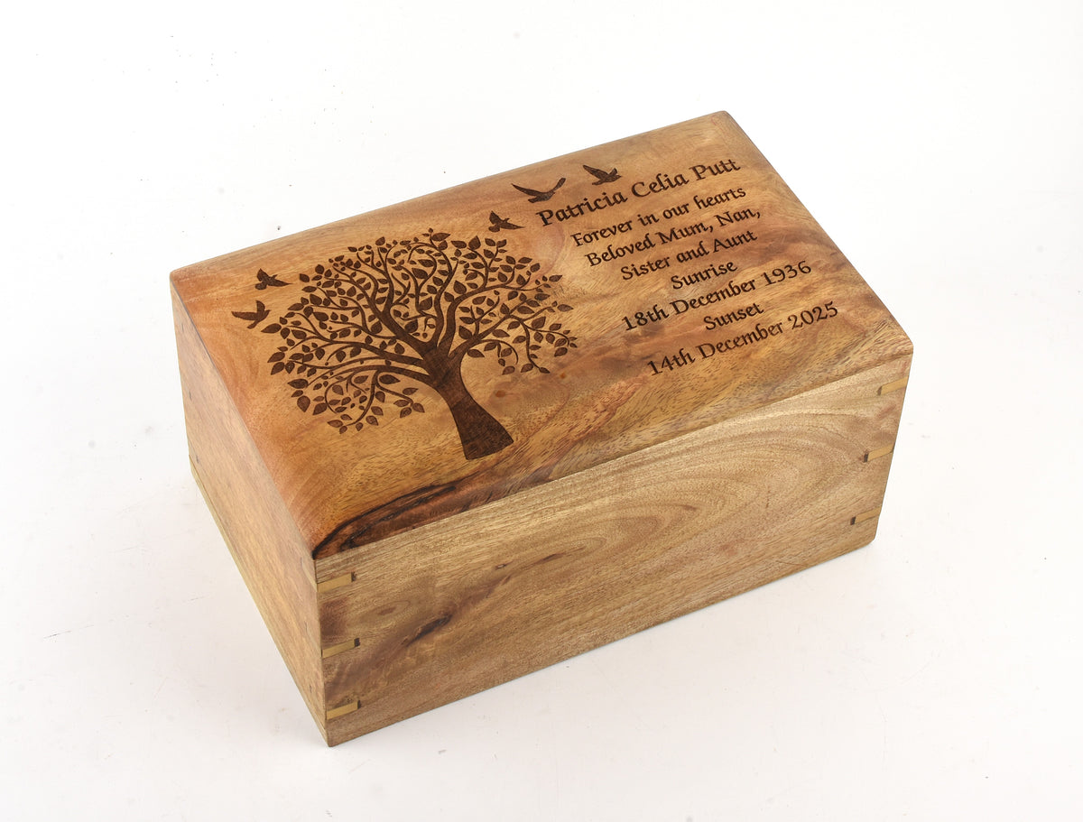 Large Wood Cremation Ashes Casket Tree With Birds