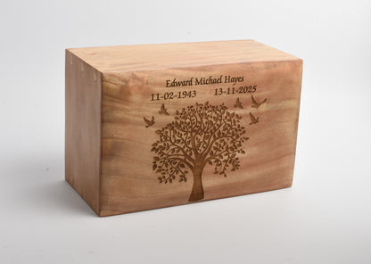 Large Wood Cremation Ashes Casket Tree With Birds