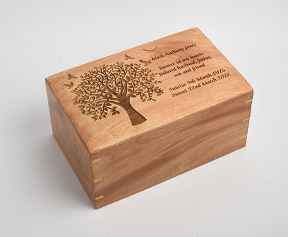 Large Wood Cremation Ashes Casket Tree With Birds